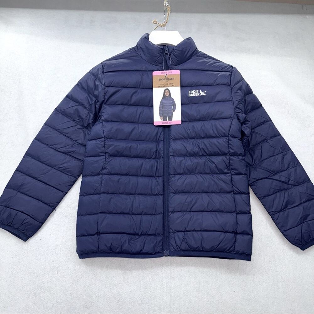 NWT Youth Eddie Bauer Down Packable Jacket size Small 6/7 Navy Blue